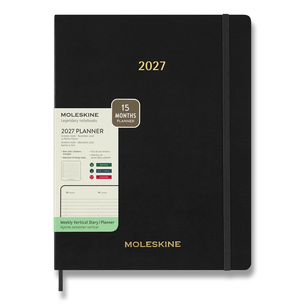 Essential 15měsíční vertikální týdenní diář Moleskine 2027 měkký černý XXL