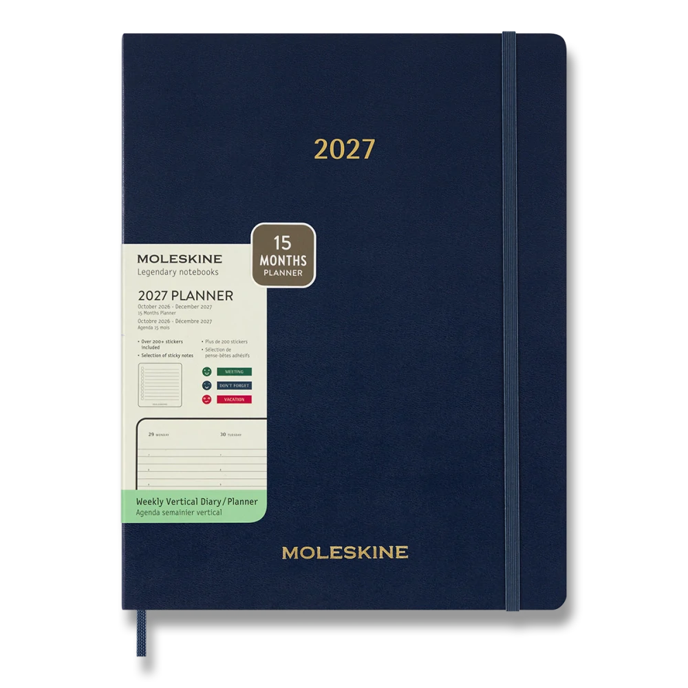 Essential 15měsíční vertikální týdenní diář Moleskine 2027 měkký modrý XXL