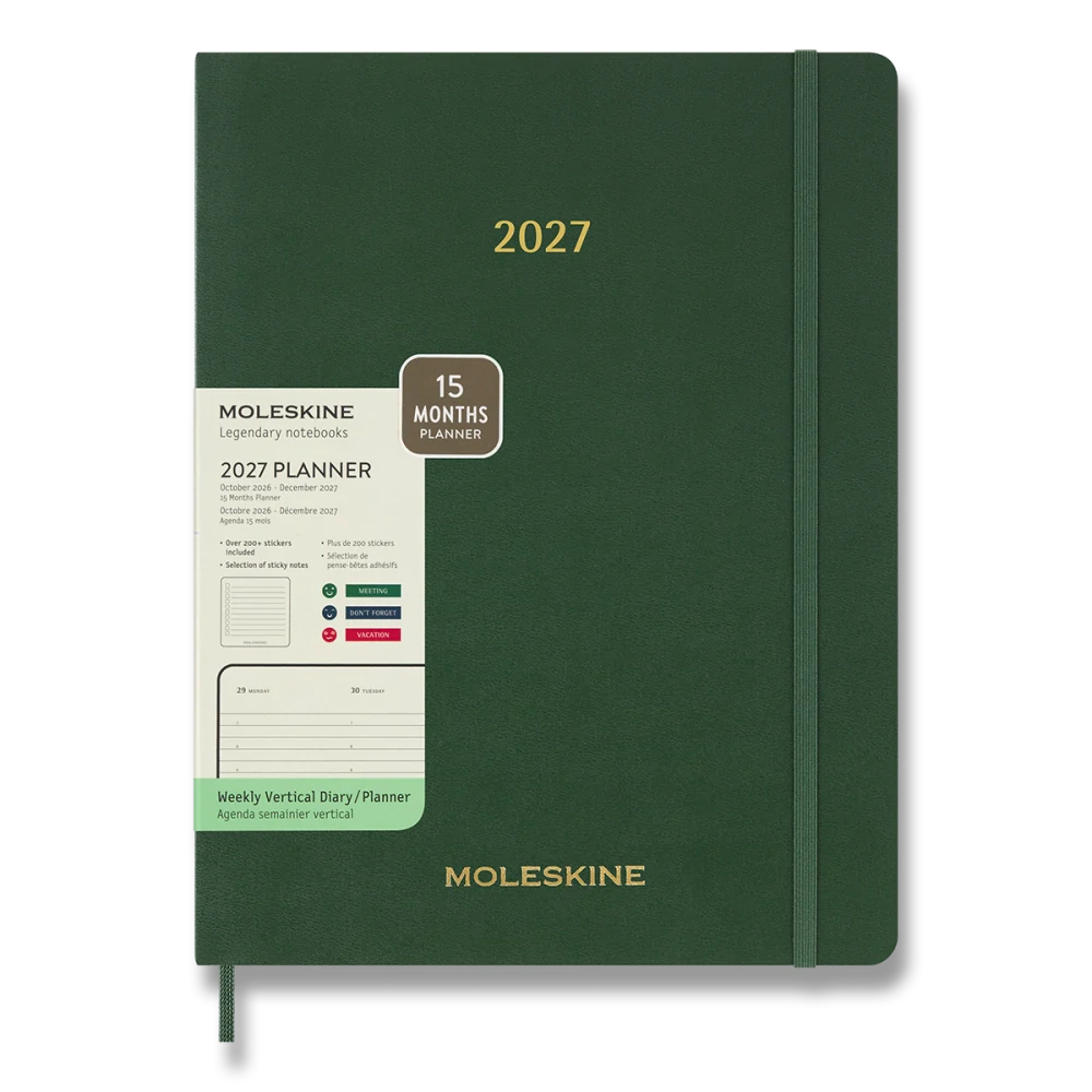 Essential 15měsíční vertikální týdenní diář Moleskine 2027 měkký zelený XXL