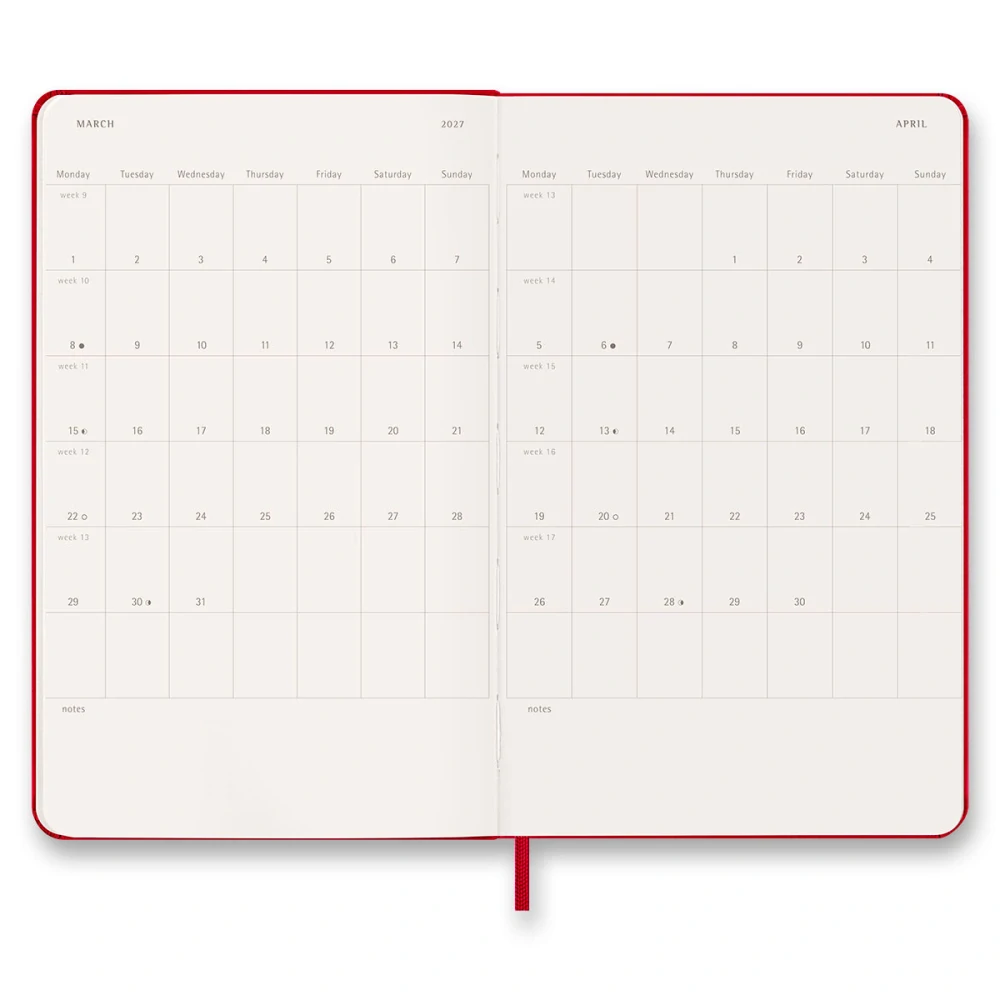 18měsíční týdenní diář Moleskine 2026-2027 tvrdý červený L
