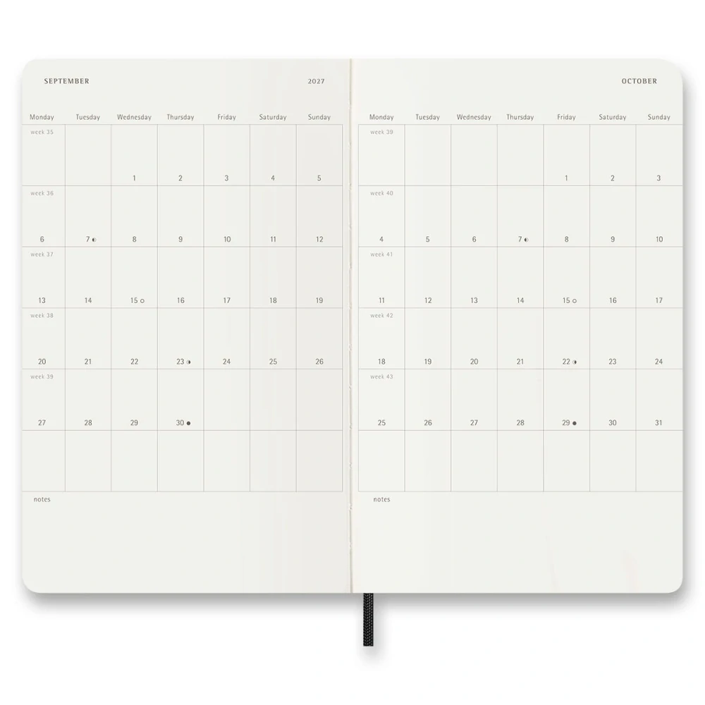 18měsíční týdenní diář Moleskine 2026-2027 měkký černý L