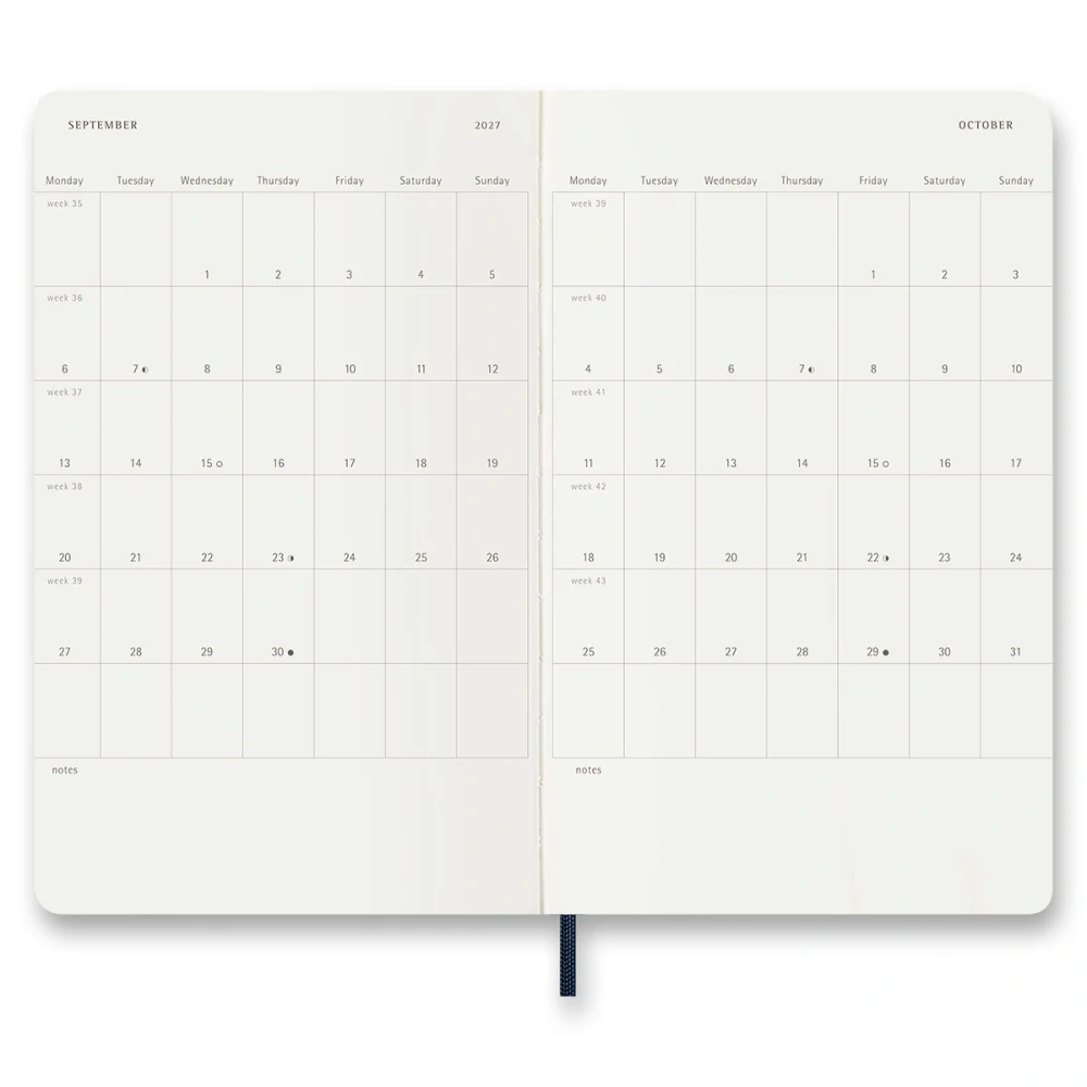 18měsíční týdenní diář Moleskine 2026-2027 měkký modrý L