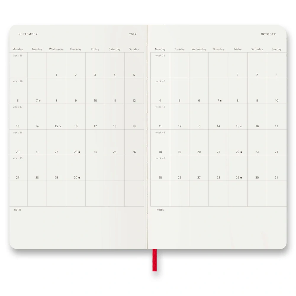 18měsíční týdenní diář Moleskine 2026-2027 měkký červený L