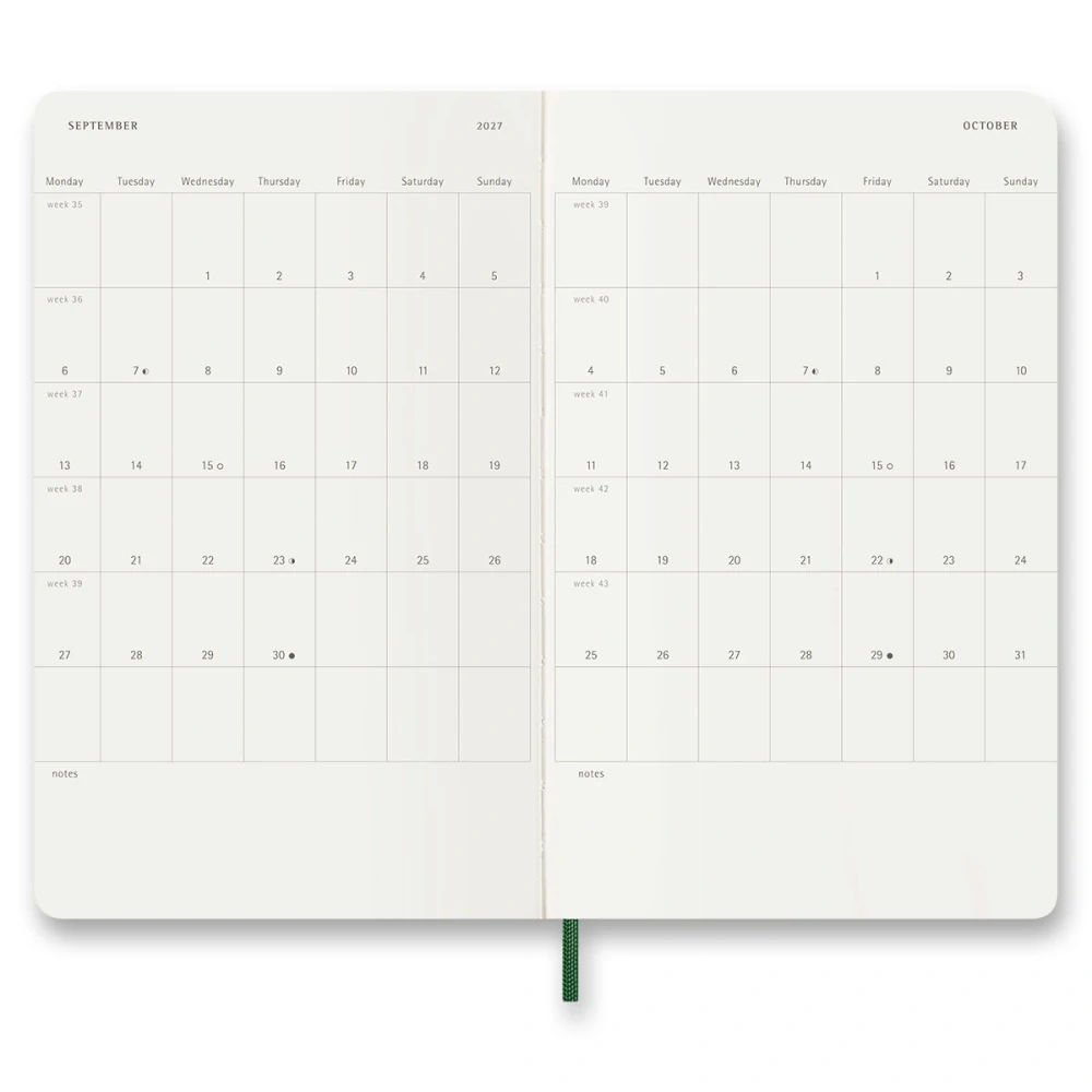 18měsíční týdenní diář Moleskine 2026-2027 měkký zelený L