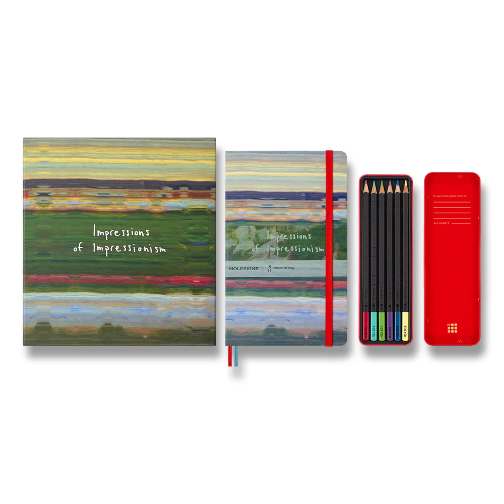 Impressionism sada Moleskine - čistý zápisník L a 6 akvarelových pastelek v dárkové krabici